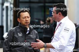 (L to R): Yusuke Hasegawa (JPN) Head of Honda F1 Programme with Eric Boullier (FRA) McLaren Racing Director. 11.05.2017. Formula 1 World Championship, Rd 5, Spanish Grand Prix, Barcelona, Spain, Preparation Day.