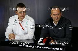 (L to R): Andy Cowell (GBR) Mercedes-Benz High Performance Powertrains Managing Director and Jonathan Neale (GBR) McLaren Chief Operating Officer in the FIA Press Conference. 14.07.2017. Formula 1 World Championship, Rd 10, British Grand Prix, Silverstone, England, Practice Day.