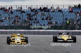 (L to R): Rene Arnoux (FRA) in the Renault RS01 and Frank Montangy (FRA) in the Renault RS40.  14.07.2017. Formula 1 World Championship, Rd 10, British Grand Prix, Silverstone, England, Practice Day.