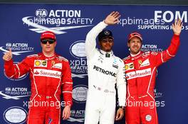 Qualifying top three in parc ferme (L to R): Kimi Raikkonen (FIN) Ferrari, second; Lewis Hamilton (GBR) Mercedes AMG F1, pole position; Sebastian Vettel (GER) Ferrari, third. 15.07.2017. Formula 1 World Championship, Rd 10, British Grand Prix, Silverstone, England, Qualifying Day.