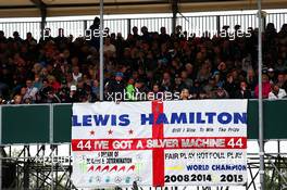 Fans in the grandstand and a banner for Lewis Hamilton (GBR) Mercedes AMG F1. 15.07.2017. Formula 1 World Championship, Rd 10, British Grand Prix, Silverstone, England, Qualifying Day.