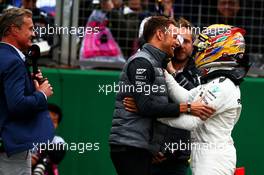 Lewis Hamilton (GBR) Mercedes AMG F1 celebrates his pole position with Jenson Button (GBR) McLaren (Centre) and David Coulthard (GBR) Red Bull Racing and Scuderia Toro Advisor / Channel 4 F1 Commentator (Left). 15.07.2017. Formula 1 World Championship, Rd 10, British Grand Prix, Silverstone, England, Qualifying Day.