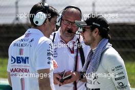 (L to R): Tim Wright (GBR) Sahara Force India F1 Team Race Engineer with Tom McCullough (GBR) Sahara Force India F1 Team Chief Engineer and Sergio Perez (MEX) Sahara Force India F1 on the grid. 30.07.2017. Formula 1 World Championship, Rd 11, Hungarian Grand Prix, Budapest, Hungary, Race Day.