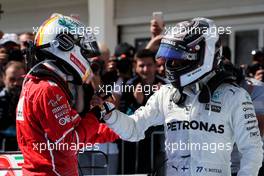 (L to R): Race winner Sebastian Vettel (GER) Ferrari celebrates with third placed Valtteri Bottas (FIN) Mercedes AMG F1 in parc ferme. 30.07.2017. Formula 1 World Championship, Rd 11, Hungarian Grand Prix, Budapest, Hungary, Race Day.