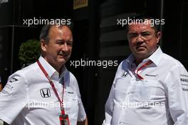 (L to R): Jonathan Neale (GBR) McLaren Chief Operating Officer with Eric Boullier (FRA) McLaren Racing Director. 30.07.2017. Formula 1 World Championship, Rd 11, Hungarian Grand Prix, Budapest, Hungary, Race Day.