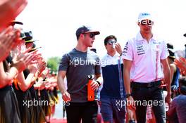 (L to R): Stoffel Vandoorne (BEL) McLaren with Esteban Ocon (FRA) Sahara Force India F1 Team on the drivers parade. 30.07.2017. Formula 1 World Championship, Rd 11, Hungarian Grand Prix, Budapest, Hungary, Race Day.