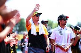 (L to R): Nico Hulkenberg (GER) Renault Sport F1 Team with Sergio Perez (MEX) Sahara Force India F1 on the drivers parade. 30.07.2017. Formula 1 World Championship, Rd 11, Hungarian Grand Prix, Budapest, Hungary, Race Day.