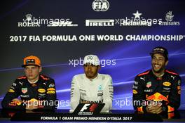 The position qualifying FIA Press Conference (L to R): Max Verstappen (NLD) Red Bull Racing; Lewis Hamilton (GBR) Mercedes AMG F1; Daniel Ricciardo (AUS) Red Bull Racing. 02.09.2017. Formula 1 World Championship, Rd 13, Italian Grand Prix, Monza, Italy, Qualifying Day.