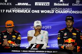 The position qualifying FIA Press Conference (L to R): Max Verstappen (NLD) Red Bull Racing; Lewis Hamilton (GBR) Mercedes AMG F1; Daniel Ricciardo (AUS) Red Bull Racing. 02.09.2017. Formula 1 World Championship, Rd 13, Italian Grand Prix, Monza, Italy, Qualifying Day.