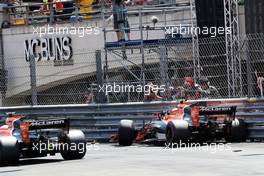 Stoffel Vandoorne (BEL) McLaren MCL32 is passed by team mate Jenson Button (GBR) McLaren MCL32 after he crashed in qualifying. 27.05.2017. Formula 1 World Championship, Rd 6, Monaco Grand Prix, Monte Carlo, Monaco, Qualifying Day.