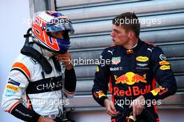(L to R): Jenson Button (GBR) McLaren with Max Verstappen (NLD) Red Bull Racing in qualifying parc ferme. 27.05.2017. Formula 1 World Championship, Rd 6, Monaco Grand Prix, Monte Carlo, Monaco, Qualifying Day.