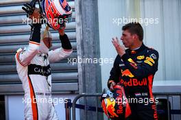 (L to R): Jenson Button (GBR) McLaren with Max Verstappen (NLD) Red Bull Racing in qualifying parc ferme. 27.05.2017. Formula 1 World Championship, Rd 6, Monaco Grand Prix, Monte Carlo, Monaco, Qualifying Day.