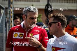(L to R): Maurizio Arrivabene (ITA) Ferrari Team Principal with Sebastian Vettel (GER) Ferrari. 25.05.2017. Formula 1 World Championship, Rd 6, Monaco Grand Prix, Monte Carlo, Monaco, Practice Day.