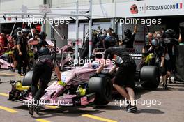 Sergio Perez (MEX) Sahara Force India F1 VJM10 in the pits. 25.05.2017. Formula 1 World Championship, Rd 6, Monaco Grand Prix, Monte Carlo, Monaco, Practice Day.