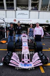 (L to R): Esteban Ocon (FRA) Sahara Force India F1 Team; Sergio Perez (MEX) Sahara Force India F1; Lee McKenzie (GBR) Channel 4 F1 Deputy Presenter; and Andy Harris (GBR) Breast Cancer Care Director of Fundraising and Marketing, reveal the Breast Cancer Care partnership with the Sahara Force India F1 Team. 24.05.2017. Formula 1 World Championship, Rd 6, Monaco Grand Prix, Monte Carlo, Monaco, Preparation Day.