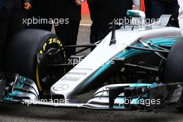 Mercedes AMG F1 W08 front wing. 23.02.2017. Mercedes AMG F1 W08 Launch, Silverstone, England.