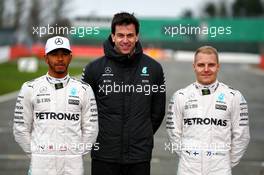 (L to R): Lewis Hamilton (GBR) Mercedes AMG F1 with Toto Wolff (GER) Mercedes AMG F1 Shareholder and Executive Director and Valtteri Bottas (FIN) Mercedes AMG F1. 23.02.2017. Mercedes AMG F1 W08 Launch, Silverstone, England.