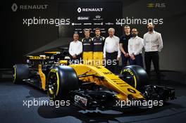 (L to R): Bob Bell (GBR) Renault Sport F1 Team Chief Technical Officer; Nico Hulkenberg (GER) Renault Sport F1 Team; Jolyon Palmer (GBR) Renault Sport F1 Team; Jerome Stoll (FRA) Renault Sport F1 President; Sergey Sirotkin (RUS) Renault Sport F1 Team Third Driver; Thierry Koskas, Renault Executive Vice President of Sales and Marketing; Cyril Abiteboul (FRA) Renault Sport F1 Managing Director, and the Renault Sport F1 Team RS17. 21.02.2017. Renault Sport Formula One Team RS17 Launch, Royal Horticultural Society Headquarters, London, England.