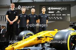 (L to R): Jarno Opmeer (NLD) Renault Sport Academy Driver; Max Fewtrell (GBR) Renault Sport Academy Driver; Sun Yue Yang (CHN) Renault Sport Academy Driver; Jack Aitken (GBR) Renault Sport Academy Driver, with the Renault Sport F1 Team RS17. 21.02.2017. Renault Sport Formula One Team RS17 Launch, Royal Horticultural Society Headquarters, London, England.