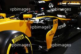 Renault Sport F1 Team RS17 sidepod detail. 21.02.2017. Renault Sport Formula One Team RS17 Launch, Royal Horticultural Society Headquarters, London, England.