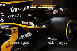 Renault Sport F1 Team RS17 engine cover and rear wing detail. 21.02.2017. Renault Sport Formula One Team RS17 Launch, Royal Horticultural Society Headquarters, London, England.