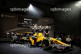(L to R): Nico Hulkenberg (GER) Renault Sport F1 Team; Jolyon Palmer (GBR) Renault Sport F1 Team; Sergey Sirotkin (RUS) Renault Sport F1 Team Third Driver; with the Renault Sport F1 Team RS17. 21.02.2017. Renault Sport Formula One Team RS17 Launch, Royal Horticultural Society Headquarters, London, England.