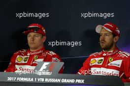 (L to R): Kimi Raikkonen (FIN) Ferrari and team mate Sebastian Vettel (GER) Ferrari in the FIA Press Conference. 29.04.2017. Formula 1 World Championship, Rd 4, Russian Grand Prix, Sochi Autodrom, Sochi, Russia, Qualifying Day.