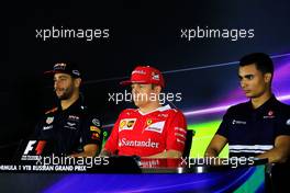 (L to R): Daniel Ricciardo (AUS) Red Bull Racing; Kimi Raikkonen (FIN) Ferrari; and Pascal Wehrlein (GER) Sauber F1 Team, in the FIA Press Conference. 27.04.2017. Formula 1 World Championship, Rd 4, Russian Grand Prix, Sochi Autodrom, Sochi, Russia, Preparation Day.