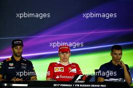 (L to R): Daniel Ricciardo (AUS) Red Bull Racing; Kimi Raikkonen (FIN) Ferrari; and Pascal Wehrlein (GER) Sauber F1 Team, in the FIA Press Conference. 27.04.2017. Formula 1 World Championship, Rd 4, Russian Grand Prix, Sochi Autodrom, Sochi, Russia, Preparation Day.