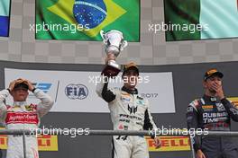 Race 2, 2nd place Nyck De Vries (HOL) Racing Engineering, Sergio Sette Camara (BRA) MP Motorsport race winner and 3rd place Luca Ghiotto (ITA) RUSSIAN TIME 27.08.2017. Formula 2 Championship, Rd 8, Spa-Francorchamps, Belgium, Sunday.