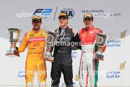Race 1, 1st place Artem Markelov (Rus) Russian Time, 2nd place   Norman Nato (FRA) Pertamina Arden and 3rd place Charles Leclerc (MON) PREMA Racing 15.04.2017. FIA Formula 2 Championship, Rd 1, Sakhir, Bahrain, Saturday.