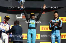 14.05.2017 - Race 2, 2nd place Dorian Boccolacci (FRA) Trident, Arjun Maini (IND) Jenzer Motorsport race winner and 3rd place Alessio Lorandi (ITA) Jenzer Motorsport 12.05.2017-14.05.2016 GP3 Series, Circuit de Barcelona Catalunya, Spain