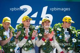 Oliver Jarvis (GBR), Ho-Ping Tung (CHN), Thomas Laurent (FRA) #38 Jackie Chan DC Racing, Oreca 07 - Gibson, celebrate second position on the podium. 14.06.2017-18.06.2016 Le Mans 24 Hour Race 2017, Le Mans, France