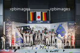 The podium (L to R): Brendon Hartley (NZL); Earl Bamber (NZL); Timo Bernhard (GER) #02 Porsche LMP Team, Porsche 919 Hybrid; second; Anthony Davidson (GBR); Sebastien Buemi (SUI); Kamui Kobayashi (JPN) #08 Toyota Gazoo Racing Toyota TS050 Hybrid, race winners; Neel Jani (SUI); Andre Lotterer (GER); Nick Tandy (GBR) #01 Porsche LMP Team, Porsche 919 Hybrid, third. 16.04.2017. FIA World Endurance Championship, Round 1, Silverstone, England, Sunday.