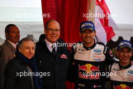 22.01.2017 - (L-R) Jean Todt (FRA), President FIA, S.A.S. Prince Albert II and SÃ©bastien Ogier (FRA) - Julien Ingrassia (FRA) FORD FIESTA WRC, M-SPORT WORLD RALLY TEAM, race winner 19-22.01.2017 FIA World Rally Championship 2017, Rd 1, Monte Carlo, Monte Carlo, Monaco