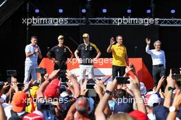 (L to R): Will Buxton (GBR) F1 Digital Presenter; Daniel Ricciardo (AUS) Renault F1 Team; Nico Hulkenberg (GER) Renault F1 Team; Cyril Abiteboul (FRA) Renault Sport F1 Managing Director; and Alain Prost (FRA) Renault F1 Team Special Advisor, on the FanZone stage. 22.06.2019. Formula 1 World Championship, Rd 8, French Grand Prix, Paul Ricard, France, Qualifying Day.