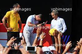 (L to R): Cyril Abiteboul (FRA) Renault Sport F1 Managing Director; Will Buxton (GBR) F1 Digital Presenter; and Alain Prost (FRA) Renault F1 Team Special Advisor, on the FanZone stage. 22.06.2019. Formula 1 World Championship, Rd 8, French Grand Prix, Paul Ricard, France, Qualifying Day.