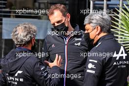 (L to R): Alain Prost (FRA) Alpine F1 Team Non-Executive Director with Laurent Rossi (FRA) Alpine Chief Executive Officer and Luca de Meo (ITA) Groupe Renault Chief Executive Officer. 17.04.2021. Formula 1 World Championship, Rd 2, Emilia Romagna Grand Prix, Imola, Italy, Qualifying Day.