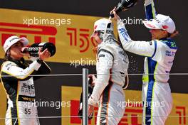 (L to R): Race winner Jamie Chadwick (GBR) Jenner Racing celebrates on the podium with second placed Abbi Pulling (GBR) Racing X and third placed Alice Powell (GBR) Click2Drive Bristol Street Motors Racing W Series Team. 21.05.2022. W Series, Rd 2, Barcelona, Spain, Race Day.