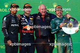 1st place Max Verstappen (NLD) Red Bull Racing RB19, 2nd place Lewis Hamilton (GBR) Mercedes AMG F1 W14 and 3rd place Fernando Alonso (ESP) Aston Martin F1 Team. 02.04.2023. Formula 1 World Championship, Rd 3, Australian Grand Prix, Albert Park, Melbourne, Australia, Race Day.