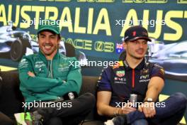 (L to R): Fernando Alonso (ESP) Aston Martin F1 Team and Max Verstappen (NLD) Red Bull Racing, in the FIA Press Conference. 30.03.2023. Formula 1 World Championship, Rd 3, Australian Grand Prix, Albert Park, Melbourne, Australia, Preparation Day.