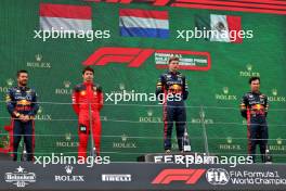 The podium (L to R): Phil Turner (GBR) Red Bull Racing Chief Mechanic; Charles Leclerc (MON) Ferrari, second; Max Verstappen (NLD) Red Bull Racing, race winner; Sergio Perez (MEX) Red Bull Racing, third. 02.07.2023. Formula 1 World Championship, Rd 10, Austrian Grand Prix, Spielberg, Austria, Race Day.