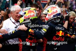 (L to R): Race winner Sergio Perez (MEX) Red Bull Racing and second placed team mate Max Verstappen (NLD) Red Bull Racing celebrate in parc ferme with Dr Helmut Marko (AUT) Red Bull Motorsport Consultant and the team. 30.04.2023. Formula 1 World Championship, Rd 4, Azerbaijan Grand Prix, Baku Street Circuit, Azerbaijan, Race Day.