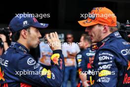 (L to R): Second placed Sergio Perez (MEX) Red Bull Racing with team mate and race winner Max Verstappen (NLD) Red Bull Racing in parc ferme. 30.07.2023. Formula 1 World Championship, Rd 13, Belgian Grand Prix, Spa Francorchamps, Belgium, Race Day.