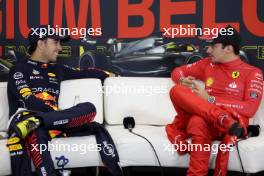 (L to R): Sergio Perez (MEX) Red Bull Racing and Charles Leclerc (MON) Ferrari in the post race FIA Press Conference. 30.07.2023. Formula 1 World Championship, Rd 13, Belgian Grand Prix, Spa Francorchamps, Belgium, Race Day.