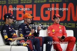 (L to R): Sergio Perez (MEX) Red Bull Racing; Max Verstappen (NLD) Red Bull Racing; and Charles Leclerc (MON) Ferrari, in the post race FIA Press Conference. 30.07.2023. Formula 1 World Championship, Rd 13, Belgian Grand Prix, Spa Francorchamps, Belgium, Race Day.