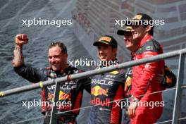 The podium (L to R): Greg Reeson (GBR) Red Bull Racing Tyre Technician; Sergio Perez (MEX) Red Bull Racing, second; Max Verstappen (NLD) Red Bull Racing, race winner; Charles Leclerc (MON) Ferrari, third. 30.07.2023. Formula 1 World Championship, Rd 13, Belgian Grand Prix, Spa Francorchamps, Belgium, Race Day.