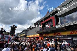 The podium (L to R): Sergio Perez (MEX) Red Bull Racing, second; Max Verstappen (NLD) Red Bull Racing, race winner; Charles Leclerc (MON) Ferrari, third. 30.07.2023. Formula 1 World Championship, Rd 13, Belgian Grand Prix, Spa Francorchamps, Belgium, Race Day.