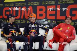 (L to R): Sergio Perez (MEX) Red Bull Racing; Max Verstappen (NLD) Red Bull Racing; and Charles Leclerc (MON) Ferrari, in the post race FIA Press Conference. 30.07.2023. Formula 1 World Championship, Rd 13, Belgian Grand Prix, Spa Francorchamps, Belgium, Race Day.