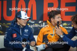 (L to R): Yuki Tsunoda (JPN) AlphaTauri; Lando Norris (GBR) McLaren; and Alexander Albon (THA) Williams Racing, in the FIA Press Conference. 27.07.2023. Formula 1 World Championship, Rd 13, Belgian Grand Prix, Spa Francorchamps, Belgium, Preparation Day.